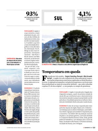 130 GE GEOGRAFIA 2018
ATLAS BRASIL
NORTE SUDESTE
98%
das terras indígenas
brasileiras encontram-se
na Amazônia Legal
Gigantesetentrional
F
ormada por sete estados (Acre, Amapá, Amazonas, Pará, Ron-
dônia, Roraima e Tocantins), a região é banhada pelos grandes
rios das bacias Amazônica e do Tocantins. Em todo o Norte
predomina o clima equatorial. A Floresta Amazônica, a vegetação mais
abundante, é uma das áreas de maior biodiversidade do planeta. Esse
patrimônio, contudo, está ameaçado pelo desmatamento.
POPULAÇÃO A maior concentração de índios está no Norte e, segundo o Instituto
Brasileiro de Geografia e Estatística (IBGE), a região abriga 342,8 mil índios de diversas
etnias (38% do total). Amazonas, Pará e Roraima são os estados com a maior concen-
tração indígena. No decorrer das décadas, os estados do Norte também receberam
grandes levas de imigrantes de outras regiões, sobretudo do Nordeste.
ECONOMIA Além do intenso extrativismo vegetal, de produtos como látex e madeira,
a região é rica em minérios. Lá estão a Serra dos Carajás (PA), a mais importante
área de mineração do país, rica em manganês, ferro e ouro, e a Serra do Navio (AP).
A economia foi bastante beneficiada com a instalação, no fim da década de 1960,
da Zona Franca de Manaus, baseada em políticas de incentivo fiscal. Com mais de
600 indústrias, o Polo Industrial de Manaus responde por cerca de metade do PIB do
Amazonas. Os principais setores do polo são o eletroeletrônico, de informática, motos
e bicicletas, químico e de refrigerante. Nos últimos anos, contudo, o crescimento eco-
nômico tem ocorrido à custa de atividades de grande impacto ambiental: o aumento
da pecuária extensiva – um terço do rebanho do país está na Amazônia –, o avanço
da agricultura, sobretudo das lavouras de soja e, por fim, a extração de madeira.
A FILA ANDA Duas famílias reunidas na cidade de Breves, na região do Marajó, no Pará
Multidãourbana
F
ormada por quatro estados – Espírito
Santo, Minas Gerais, São Paulo e Rio
de Janeiro –, a região situa-se na parte
mais elevada do Planalto Atlântico, onde estão as
serras da Mantiqueira, do Mar e do Espinhaço.
Os climas predominantes são tropical úmido, se-
miúmido e de altitude. A mata tropical nativa foi
praticamente devastada durante o povoamento.
O relevo planáltico do Sudeste confere grande
potencial hidrelétrico à região. Em Minas Gerais
ocorre o encontro da nascente de duas impor-
tantes bacias hidrográficas: a do Rio Paraná,
que se forma próximo à região conhecida como
Triângulo Mineiro, e a do Rio São Francisco,
que nasce na Serra da Canastra.
[1]
[2]
VENDA PROIBIDA
 