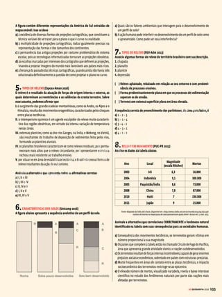 134 GE GEOGRAFIA 2018
SIMULADO
QUESTÕES SELECIONADAS ENTRE OS MAIORES VESTIBULARES DO PAÍS COM RESPOSTAS COMENTADAS
1.ELEMENTOS CARTOGRÁFICOS (Unicamp 2016)
A imagem abaixo corresponde a um fragmento de uma carta topográfica em
escala 1:50.000. Considere que a distância entre A e B é de 3,5 cm.
A partir dessas informações, é correto afirmar que:
a) O rio corre em direção sudeste, sendo sua margem esquerda a de maior
declividade. Apresenta um comprimento total de 17.500 metros.
b) Oriocorreemdireçãosudoeste,sendoamargemdireitaademaiordeclividade.
Apresenta um comprimento total de 1.750 quilômetros.
c) O rio corre em direção sudeste, sendo sua margem esquerda a de maior
declividade. Apresenta um comprimento total de 1.750 metros.
d) O rio corre em direção sudoeste, sendo sua margem esquerda a de maior
declividade. Apresenta um comprimento total de 175 metros.
2.FUSOS HORÁRIOS (CFTMG 2017) Analise o mapa e leia o trecho a seguir.
A cerimônia de abertura dos Jogos Olímpicos Rio 2016 foi transmitida ao vivo
no dia 5 de agosto de 2016, às 20h (BRT). Telespectadores do mundo inteiro
assistiramàtransmissãosimultâneaapartirdediferentesemissorasdesistemas
de comunicação. A localidade que assistiu à transmissão pela hora oficial de
seu país, em data posterior ao fuso brasileiro e mais próximo ao término do
horário matutino, foi a capital da
a) Índia.
b) China.
c) Austrália.
d) Nova Zelândia.
3.ELEMENTOS CARTOGRÁFICOS (Enem 2015)
QUEIROZ FILHO, A. P. ; BIASI, M. Técnicas de cartografia. In: VENTURI, L. A. B. (Org.).
Geografia: Práticas de Campo, Laboratório e Sala de Aula. São Paulo: Sarandi (adaptado).
As figuras representam a distância real (D) entre duas residências e a distân-
cia proporcional (d) em uma representação cartográfica, as quais permitem
estabelecer relações espaciais entre o mapa e o terreno. Para a ilustração
apresentada, a escala numérica correta é:
a) 1/50.
b) 1/5.000.
c) 1/50.000.
d) 1/80.000.
e) 1/80.000.000.
4.PROJEÇÕES CARTOGRÁFICAS (FGV 2015) Examine a seguinte figura:
Disponível em: http://www.progonos.com/fruti/MapProj/Dither/TOC/cartTOC.html
VENDA PROIBIDA
 