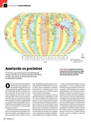 15
GE GEOGRAFIA 2018
POR QUE AS COORDENADAS
SÃO MEDIDAS EM GRAUS?
Geralmente as distâncias são medidas em metros ou quilômetros.
Por que então a latitude e a longitude são medidas em graus? Ocorre
que, apesar de a maioria dos planisférios não mostrar isso, estamos
tratando da medida de uma superfície curva, pois a Terra tem a forma
arredondada. Assim, essas medidas equivalem à abertura do ângulo
entre as linhas imaginárias traçadas a partir do centro da Terra até a
linha do Equador (latitude) e do centro da Terra até o Meridiano de
Greenwich (longitude). Veja o exemplo de Brasília, nas figuras abaixo:
SAIBA MAIS
BÚSSOLAS, PORTULANOS E GPS
Da Idade Média (séculos V a XV) ao período das Grandes Navegações
(séculos XV a XVII), a localização geográfica era obtida por meio da
observação dos astros – a posição do Sol durante o dia e das cons-
telações e da Lua à noite, por exemplo. As distâncias e as direções
a serem seguidas eram obtidas pela leitura atenta da bússola e das
Cartas Portulanas ou Mapas Portulanos.
A bússola, cuja invenção é creditada aos chineses, foi fundamental
para a navegação marítima no período das Grandes Navegações. Sua
agulha imantada alinha-se com os polos magnéticos Norte e Sul da
Terra e, dessa forma, permite que o navegador possa localizar-se e
seguir na direção desejada. O desenvolvimento das Cartas Portulanas
também facilitou a navegação, à medida que traziam as linhas de rumo
para orientar o trajeto das embarcações, além de mostrar detalhes do
litoral e a indicação dos principais portos, baías e cidades, como mostra
este exemplo que representa o Mar Mediterrâneo e o seu entorno.
Atualmente,dispomosdetecnologiasinfinitamentemaisprecisaspara
obter as coordenadas geográficas e identificar praticamente qualquer
lugar no planeta. Esses dados são facilmente levantados pelo GPS
(Global Positioning System), um sistema composto por 24 satélites
que fornece a um aparelho receptor sua posição exata na superfície
terrestre. As informações são visualizadas a partir de aparelhos de
GPS, celulares e computadores de bordo em automóveis, aviões e
navios e são fundamentais para a navegação terrestre, marítima ou
aérea hoje em dia.
[1] ALEX ARGOZINO [2] REPRODUÇÃO
[1]
[2]
Fonte:AtlasGeográficoMundial.EditoraFundamento,2007.p.4
VENDA PROIBIDA
 