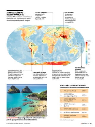 28 GE GEOGRAFIA 2018
LITOSFERA TIPOS DE RELEVO
DEPRESSÕES
São áreas da superfície localizadas em
altitude inferior à das regiões próximas
(depressão relativa) ou abaixo do nível do
mar (depressão absoluta). As depressões
podem ser formadas de várias maneiras:
por deslocamento do terreno, remoção de
sedimentos, dissolução de rochas ou até
por queda de meteoritos. O Mar Morto,
situado 416 metros abaixo do nível do mar,
é a maior depressão do globo. Ele banha
Israel, Jordânia e Cisjordânia e leva esse
nome em razão da elevada concentração
de sal de suas águas – dez vezes superior
à dos demais oceanos –, o que impede a
existência de qualquer forma de vida.
MONTANHAS
Também chamadas de dobramentos
modernos, são grandes áreas elevadas
resultantes do choque de placas tectônicas
(veja mais na pág. 32). Os maiores picos do
mundo ficam na Cordilheira do Himalaia,
um complexo montanhoso que se estende
por cinco países asiáticos: Paquistão,
Índia, Nepal, Butão e China. Sua formação,
iniciada há cerca de 70 milhões de anos,
resulta do choque entre a placa tectônica
Indiana e a placa Eurasiática (veja mais
na pág. 31). O curioso é que a placa
Indiana continua a se mover, fazendo
com que o Himalaia se eleve a uma taxa
de 5 milímetros por ano.
SAIBA MAIS
O RELEVO SUBMARINO
Escondido sob o cobertor das águas mari-
nhas,osolooceânicoapresentaumricorelevo
de montanhas, planaltos e fossas profundíssi-
mas. Como essas formas não estão expostas
à erosão de agentes externos, como o vento
e as chuvas, os perfis são mais contrastantes
e escarpados. Podemos destacar três porções
desse relevo submerso:
Plataforma continental: terras submersas
que se prolongam das terras emersas, como
uma orla em torno dos continentes. Topogra-
ficamente, ela é uma superfície quase plana,
formada pelo acúmulo de sedimentos de
origem continental. Vai até os 200 metros de
profundidade, que também é o limite da pe-
netração da luz solar (veja mais na pág. 54).
Cordilheira submarina: elevações de forma
regular que surgem ao longo dos oceanos,
como a Dorsal Mesoatlântica. Essa cadeia
de montanhas submersas tem mais de 10 mil
quilômetros de comprimento e se estende no
sentidonorte-sulpelaregiãocentraldoOceano
Atlântico.Suaformaçãosedeveaoafastamen-
to das placas tectônicas, que permitiu que o
magma chegasse à superfície. Em alguns pon-
tos, os picos se elevam acima do nível do mar
e formam ilhas, como é o caso do arquipélago
de Fernando de Noronha, no Brasil.
Há outras cordilheiras submarinas nos ocea-
nos Índico e Pacífico, todas com uma caracte-
rística em comum: formam-se em locais onde
as placas tectônicas estão se afastando umas
das outras. O afastamento é lento (menos de
2 centímetros ao ano), impulsionado pelas
correntes convectivas do magma, que se eleva
e forma novas rochas ao se resfriar.
Fossas oceânicas: também conhecidas como
fossas abissais, são gigantescos abismos sub-
marinos formados quando uma placa tectôni-
ca é forçada para debaixo de outra, após uma
colisão. O local mais profundo dos oceanos é
a Fossa das Marianas, um enorme vale sub-
marino com 10.920 metros de profundidade,
localizado a leste das Ilhas Marianas, no Oce-
ano Pacífico.
Ela tem por volta de 2,5 mil quilômetros de
extensão e fica na fronteira entre duas pla-
cas tectônicas, a do Pacífico e a das Filipinas.
Caso o Monte Everest fosse colocado dentro
da Fossa das Marianas, ainda restariam mais
de 2 mil metros de água entre seu pico e o
nível do mar.
As quatro faces da Terra
Conheça os principais tipos de relevo
que constituem o cenário global
PLANALTOS
São elevações de altitudes variadas, em
que predomina o processo de erosão e cuja
composição rochosa pode ser de rochas
sedimentares, cristalinas ou metamórficas.
Os planaltos apresentam superfície
irregular, como serras e chapadas, e são
delimitados por áreas rebaixadas em
um de seus lados. O continente africano
se destaca pela presença de planaltos,
com altitudes predominantes entre 400
e 2 mil metros. Na porção leste/nordeste,
destacam-se os planaltos da Etiópia e o dos
Grandes Lagos.
PLANÍCIES
São áreas de superfície relativamente
plana, formadas por rochas sedimentares
e nas quais predominam os processos
de deposição e acúmulo de sedimentos.
Na maior parte das vezes, as planícies
são encontradas em baixas altitudes. Em
geral, localizam-se próximas do litoral,
como a planície do norte europeu, ou de
grandes rios ou lagos, como ocorre com a
planície do Rio Amazonas. Mas é bom ficar
atento: não é a altitude de um relevo que
determina se ele é uma planície; o principal
fator definidor é o acúmulo de sedimentos.
Nas regiões elevadas, por exemplo,
existem as planícies de montanha, que
são formadas de rocha sedimentar e
delimitadas por aclives.
ALTOS E BAIXOS Exemplos de relevo (da esquerda para a direita): Depressão do Mar Morto (Israel),
Cordilheira do Himalaia (Nepal), Planalto do Apalache (EUA) e Planície Amazônica (Brasil)
[1]
VENDA PROIBIDA
 