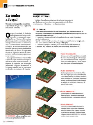 31
GE GEOGRAFIA 2018
PLACA DA ÁFRICA
NomeiodoAtlântico,umafalha
submersaabrecaminhoparao
magmadomantoinferior,fazendo
comqueesseblocoseafasteda
placaSul-Americanaecresçade
tamanho.Atendênciaépassaros
65milhõesdequilômetrosatuais
PLACA DO CARIBE
A placa do Caribe desliza ao
lado da placa Norte-Americana,
criando falhas transformantes.
Foi o atrito entre elas que gerou,
em 2010, o avassalador terremoto
no Haiti, país que fica no limite
entre as duas placas
PLACA SUL-AMERICANA
Como o Brasil está no meio
desse bloco, ele sente pouco os
efeitos de terremotos. No centro
do continente, a placa tem 200
quilômetros de espessura; na
borda com a placa daÁfrica,não
passam de 15 quilômetros
PLACA IRANIANA
LocalizadaentreasplacasArábicae
Euroasiática,oblocosustentaamaiorpartedo
territóriodoIrã.Porcausadisso,opaísregistra
grandeatividadesísmica,comooterremotode
2006,quematoumaisde31milpessoas
PLACA DE ANATÓLIA
Sobreessaplacaficaboapartedo
territóriodaTurquia.Ochoque
desseblococomaplacaArábicae
comaplacaEuroasiáticatornao
paísumaáreasujeitaaviolentas
atividadessísmicas
PLACA DA ANTÁRTICA
É o bloco que dá suporte
à Antártida e a uma parte
do Atlântico Sul, em um total
de 25 milhões de quilômetros
quadrados
PLACA ARÁBICA
A placa sustenta a
Península Arábica e foi
responsável pela criação do
Mar Vermelho. O choque
com a placa Euroasiática
e com a placa Indiana
provoca fortes terremotos
PLACA AUSTRALIANA
O bloco que sustenta a Austrália
e a maior parte do Oceano Índico
ruma velozmente para o norte.
Além de se chocar com a placa
Indiana, a borda nordeste bate na
placa do Pacífico, criando ilhas na
região turbulenta
PLACA INDIANA
A placa comporta todo o subcontinente
indiano. No choque com a placa Euroasiática,
nasceu o conjunto de montanhas do Himalaia,
no sul da Ásia, onde há mais de 100 montanhas
com altitudes superiores a 7 mil metros
PLACA DAS FILIPINAS
Essaplacaconcentraemseuslimitesquase a
metadedosvulcõesativosdoplaneta.Colisões
comaplacaEuroasiáticacausamterremotos
eerupçõesdestruidoras,comoadoMonte
Pinatubo,em1991,umadasmaisviolentasdos
últimos50anos
PLACA EUROASIÁTICA
Sustenta a Europa, parte da Ásia, do Atlântico
Norte e do Mar Mediterrâneo. Ela se choca
contra a placa das Filipinas e com a do
Pacífico, onde fica o Japão. O encontro triplo
é tumultuado e dá origem a uma das áreas
do globo com o maior índice de terremotos e
vulcões do planeta
[1]
Fendas separaram a
América do Sul, a África e a Índia,
iniciando a formação dos oceanos
Atlântico e Índico
135 MILHÕES DE ANOS ATRÁS
A placa da Índia deslocou-se em
direção à Ásia. O choque entre
os dois blocos formou as regiões
elevadas do Himalaia e do Tibete
65 MILHÕES DE ANOS ATRÁS
Na atual configuração da Terra,
a deriva continua. A América do Sul,
por exemplo, afasta-se da África
cerca de 5 centímetros por ano
ATUALMENTE
[1] MULTI/SP [2] LUIZ IRIA E RODRIGO RATIER/REVISTA MUNDO ESTRANHO
[2]
VENDA PROIBIDA
 