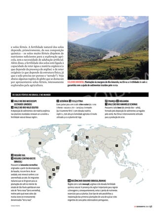 40 GE GEOGRAFIA 2018
LITOSFERA CARACTERÍSTICAS DOS SOLOS
O
soloéumacamadacomespessurasvariadas
(de alguns centímetros a vários metros)
de material não consolidado que cobre
a superfície da crosta terrestre. Constituído por
matériamineralematériaorgânica,éosubstrato
paraavidadosecossistemas.Ossolossãoresultado
dadecomposiçãodasrochas,queatravésdosanos
passamporumprocessodeintemperismofísico,
químicoebiológico.Esseprocessocriadiferentes
camadas,àsquaissedáonomedehorizontes.O
conjuntodoshorizontesconstituioperfildosolo,
quepermiteidentificaroestágiodeformaçãoem
que se encontram (veja a figura abaixo).
Camada sobre camada
Saiba mais sobre as características dos solos e
os fatores que contribuem para sua fertilidade
Fonte: GOETTEMS, Arno Aloísio; JOIA, Antonio Luís. Geografia: leituras e interação – vol. único. São Paulo: Leya, 2013. Pg 93.
Fertilidade dos solos
Os solos podem ser classificados em “agri-
cultáveis” e “não agricultáveis”. Geralmente, as
terras que não permitem a exploração agrícola
são encontradas em altitudes muito elevadas,
como nos picos do Himalaia, dos Andes e demais
cadeias montanhosas, ou em regiões desérticas
frias (regiões polares) e quentes (Deserto do
Saara), onde as restrições decorrem das tem-
peraturas extremas ou da escassez de água.
As áreas mais exploradas para a produção
agropecuária são aquelas com climas favoráveis,
com pluviosidade e temperaturas adequadas,
FORMAÇÃO E PERFIS DE SOLO EM CLIMAS ÚMIDOS
Nos solos maduros podem ser identificadas as camadas O, A, B e C, que se diferenciam pela
composição físico-química, cor, presença ou ausência de matéria orgânica, entre outras características.
CARACTERÍSTICAS DOS HORIZONTES DO SOLO
O
Horizonte orgânico, também denominado
de serrapilheira. Corresponde à camada
superficial de florestas e matas; é
composto de materiais de origem vegetal
e animal em decomposição.
A
Horizonte mineralógico. Composto
de material de origem mineral
proveniente da rocha-mãe ou trazido
de outros lugares por vento, água ou
gelo. Há grande presença de matéria
orgânica decomposta, motivo pelo
qual pode ser denominado horizonte
humífero (húmus).
B
Horizonte de acumulação de argila, matéria
orgânica e oxi-hidróxidos de ferro e alumínio
provenientes das camadas superiores. Esse
processo de transferência de minerais entre
camadas é chamado lixiviação, considerado
um tipo de erosão química do solo.
C
Horizonte de rocha alterada,
denominado alterita ou saprolito.
É nele que começa a decomposição
da rocha. Formado por sedimentos
grosseiros na base e por sedimentos
mais finos na parte superior.
R
Rocha que dá origem ao solo, também
denominada rocha-mãe. A velocidade de
decomposição depende de vários fatores,
como a composição mineral da própria
rocha e o tipo de clima (climas quentes e
úmidos tendem a acelerar o intemperismo).
VENDA PROIBIDA
 