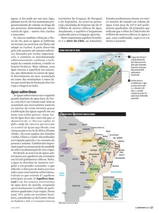 56 GE GEOGRAFIA 2018
3
Reservas vitais
Saiba onde ficam as principais
fontes de água doce, que
representam menos de
3% de toda a hidrosfera
A
pesar de a água dominar a pai-
sagem do globo, a quantidade
de H2
O disponível para nosso
consumoéproporcionalmenteirrisória:
do 1,4 bilhão de quilômetros cúbicos
de água da hidrosfera, apenas 2,5% são
de água doce. Mas a garganta começa
a secar mesmo quando observamos
que a maior parte da água doce, quase
70%, está sob a forma de gelo, ou seja,
indisponível, nos polos.
Asprincipaisfontesparamatarasede
dos bilhões de seres vivos no mundo
são:aságuassubterrâneas,captadaspor
meio da exploração de poços; as águas
desuperfície,queenglobamdesdelagos
e rios até a umidade do solo; e a água
presente na atmosfera. Tudo isso junto,
DOCE PAISAGEM
Vista aérea do Lago
Michigan, em Chicago,
nos Estados Unidos,
que compõe um dos
cinco Grandes Lagos:
sua formação se deu
por erosão glacial
HIDROSFERA ÁGUA DOCE
contudo, não atinge 1% do volume da
hidrosfera. Seja como for, mesmo que o
volumerelativosejamínimo,osnúmeros
absolutosdeH2
Oànossadisposiçãoain-
dasãobastantesignificativos,desdeque
administradosracionalmenteepreserva-
dosdequalquercontaminação.Confiraa
seguirascaracterísticasdosreservatórios
queguardamtodoessepreciosolíquido.
Geleiras
Reservatório de 68,7% da água doce
doplaneta,asgeleirassãoenormesmas-
sas formadas pelo acúmulo de neve no
decorrer de milhares de anos. Existem
em áreas planas próximas aos polos ou
na forma de imensos rios de gelo que
avançamlentamentepelosvalesemaltas
latitudes ou em cordilheiras elevadas.
As geleiras se movimentam: descem
encostas pela ação da gravidade ou se
espalham pelo solo com a força de seu
peso. Em seu trajeto, elas desgastam
as rochas e, ao chegar a mares e lagos,
dão origem a plataformas de gelo. Os
icebergs são massas de gelo que se des-
prendem dessas plataformas e flutuam
pelos oceanos.
Lagos
Os lagos, definidos conceitualmen-
te como corpos de água parada, são
a maioria da água doce de superfície
disponível para consumo. Podem ser
formados de várias maneiras: por acú-
mulo de água da chuva, afloramento
de uma nascente, pela alimentação de
rios ou pela erosão glacial (desgaste
das rochas provocado pelo movimento
das geleiras). Essa última explica a ori-
gem dos Grandes Lagos da América do
Norte, que abrigam 27% da água doce
proveniente de lagos do planeta.
Também são lagos os mares fechados,
sem ligação com o oceano, como o Mar
Cáspio – o maior lago do mundo, com
áreade370milquilômetrosquadrados–
e o Mar Morto. Outro mar, o de Aral,
enfrenta enorme desastre ambiental e
perdeu cerca de 90% do volume total
de água (veja mais na pág. 67).
Rios
São cursos naturais de água que se
deslocam de um ponto mais alto (nas-
cente) até um nível mais baixo (foz ou
desembocadura), onde lançam suas
VENDA PROIBIDA
 