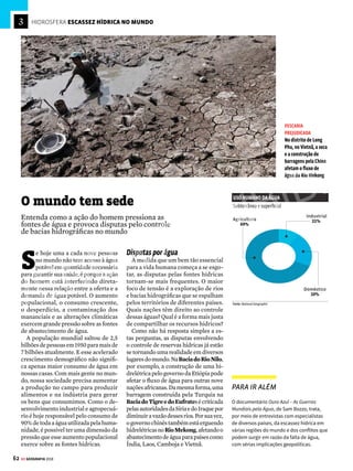 61
GE GEOGRAFIA 2018
SAIBA MAIS
BACIAS HIDROGRÁFICAS
Umabaciahidrográficacompreendeaságuas
superficiais(lagos,rioseseusafluentesesuba-
fluentes, além do escoamento das águas das
chuvas) e também as águas subterrâneas. Em
geral, as bacias hidrográficas são exorreicas,
ou seja, suas águas escoam para os mares ou
oceanos. As bacias endorreicas (aquelas em
que as águas escoam para lagos ou pântanos)
são menos frequentes. A foz é onde o rio de-
ságua – ela pode ser em estuário, se desem-
boca no mar em um único canal, ou em delta,
quando é formado por vários canais do leito
do rio. Veja na imagem ao lado os principais
elementos da bacia hidrográfica.
nasce em Minas Gerais e percorre os
estados da Bahia, de Pernambuco, Ala-
goas e Sergipe até a foz, na divisa entre
esses dois últimos estados. É o maior
rio totalmente localizado em território
brasileiro, sendo essencial para a eco-
nomia das localidades que percorre
– grande parte localizada em região
semiárida – , pois permite a atividade
agrícola em suas margens e oferece
condições para a irrigação artificial de
áreas mais distantes. Essa, inclusive, é
uma das questões em debate em torno
do projeto de transposição das águas
do São Francisco (veja mais na pág. 64).
4.Região hidrográfica
do Rio Parnaíba
Segunda principal região hídrica
do Nordeste, atrás da região do São
Francisco, ocupa uma área de 333 mil
quilômetros quadrados, entre os esta-
dos do Ceará, Maranhão e Piauí. Ao
desaguar no oceano Atlântico, fazendo
a divisa do Piauí com o Maranhão, o
Rio Parnaíba forma um delta oceânico.
A piscicultura é a principal atividade
econômica praticada no rio.
5.Região hidrográfica
do Rio Paraná
Abrangendo uma das áreas com o
maior desenvolvimento econômico do
país, a região da bacia do Paraná tem
cercade880milquilômetrosquadrados.
O Rio Paraná, com quase 3 mil quilô-
metros de extensão, nasce na junção
dos rios Paranaíba e Grande, na divisa
entreMatoGrossodoSul,MinasGerais
eSãoPaulo.Essabaciaapresentaomaior
aproveitamento hídrico do Brasil, abri-
gando hidrelétricas como a de Itaipu.
Afluentes do Paraná, como o Tietê e
o Paranapanema, também têm grande
potencialparagerarenergia.Ahidrovia
Tietê-Paraná é a mais antiga do país.
6.Região hidrográfica
do Rio Paraguai
É constituída pela bacia brasileira do
Rio Paraguai, abrigando a grande planí-
cie do Pantanal Mato-Grossense. Com
sua nascente em território brasileiro, na
Serra do Araporé, próximo de Cuiabá
(MT), o Rio Paraguai ocupa uma região
de 363 mil quilômetros quadrados no
Brasil, correspondente a cerca de um
terço da área total, e inclui também
Argentina, Bolívia e Paraguai. Seus rios
são muito usados para a navegação e
para o consumo animal.
7.Região hidrográfica
do Rio Uruguai
Com cerca de 274 mil quilômetros
quadrados, é constituída pela parte
brasileira da bacia do Uruguai, rio que
surge da união dos rios Pelotas e Ca-
noas. Tem grande importância tanto
pelo potencial hidrelétrico como pela
concentração de atividades agroindus-
triais na região.
8.Região hidrográfica
do Atlântico
Trata-se de um conjunto de várias pe-
quenas e médias bacias costeiras forma-
das por rios que deságuam no Atlântico,
exceto os do Amapá, que fazem parte
da região hidrográfica Amazônica. São
cinco regiões:
a) A AtlânticoNordesteOcidental, de
274 mil quilômetros quadrados, abri-
ga os rios situados entre a foz do
Gurupi (divisa Pará-Maranhão) e a
do Rio Parnaíba (divisa Maranhão-
-Piauí).
b) A Atlântico Nordeste Oriental, de
286 mil quilômetros quadrados, fica
entre a foz do Parnaíba e a do São
Francisco, na divisa entre Alagoas
e Sergipe.
c) A Atlântico Leste, com 388 mil qui-
lômetrosquadrados,vaidafozdoSão
Francisco ao Rio Mucuri (extremo
sul da Bahia).
d) A Atlântico Sudeste, com 215 mil
quilômetros quadrados, vai do Mu-
curi à área da divisa entre São Paulo
e Paraná.
e) Por fim, a Atlântico Sul abrange
as bacias dos rios Itajaí, Capivari e
aquelas ligadas ao Rio Guaíba e ao
sistema lagunar do Rio Grande do
Sul, somando 187 mil quilômetros
quadrados de área.
VENDA PROIBIDA
 