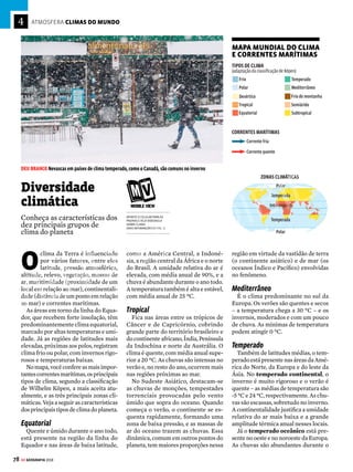 77
GE GEOGRAFIA 2018
ATMOSFERA CICLONE
De olho
no ciclone
Entenda como se forma a
ventania arrasadora que pode
deixar milhares de mortos
O
s ciclones são uma perturbação
atmosférica no centro da qual a
pressão é muito baixa, provo-
cando ventos circulares com velocidade
superior a 119 quilômetrosporhora. Ele
ocorre nas regiões tropicais, sobre os
mares quentes, podendo causar grande
destruição quando atinge o continente.
Denominações
Embora furacão, tufão e tornado se-
jam palavras comumente usadas como
sinônimos de ciclone, há uma pequena
diferença entre elas. A distinção entre
os termos refere-se mais a uma questão
de localização. De modo geral, o ciclone
que se forma sobre o Oceano Atlânti-
co é chamado de furacão, enquanto o
que se forma sobre o Oceano Pacífico
é conhecido como tufão. Por fim, há o
caso dos tornados, que surgem sobre
o continente, após o choque de uma
massa de ar quente com outra de ar
frio – a ventania toma a forma de um
cone invertido e sai num turbilhão ar-
rasador com velocidades de até 500
quilômetros por hora.
O desastre do ciclone Bhola
Para quem já assistiu – e sobreviveu –
à passagem de um ciclone, a experiência
pode ser aterradora. Em Bangladesh, na
Ásia, por exemplo, um desses turbilhões
arrasou o país em 13 de novembro de
1970. O redemoinho nasceu no golfo de
Bengala e avançou para a costa, criando
ondas de até 6 metros. Elas invadiram a
densamente povoada região do delta do
Rio Ganges, matando cerca de 500 mil
pessoas – 100 mil só na ilha de Bhola
(nome que batizou o ciclone). Foi o
pior desastre natural do século XX.
Para nossa sorte, o Brasil não sofre com
esse tipo de fenômeno. Tudo graças
às baixas temperaturas das águas do
Atlântico Sul.
FAIXAS DE
TEMPESTADE
O FURACÃO
POR DENTRO Olho
AR QUENTE E ÚMIDO
Uma densa nuvem
cobre o furacão
VENTO OESTE
Quando as nuvens atingem cerca
de 5 mil metros de altura, começa
a chover. Nesse ponto, o ar seco
ascendente encontra as nuvens,
resfria-se, ficando mais pesado, e
desce pelo olho do furacão. Esse
ar, ao chegar à superfície do mar,
vai formar novas nuvens
4
O furacão começa com a
combinação de dois fatores:
ar quente e úmido e a água
aquecida dos oceanos das
regiões tropicais
1
27 ˚C
O atrito das correntes de ar com
a superfície do mar faz que os
ventos e as nuvens girem de
oeste para leste, no sentido
de rotação da Terra. O ar mais
quente vai subindo numa
espiral pelo olho do furacão
3
As correntes de ar se
aquecem em contato com
a água, ficam mais leves e sobem,
formando as primeiras nuvens.
Enquanto sugam energia das
águas quentes, essas correntes
vão circulando em direção
ao olho do furacão –
região de baixa pressão
no centro
2
O ciclone passa a se deslocar quando
ventos externos sopram na direção
oeste em grande velocidade. Se ele
chegar ao continente e encontrar a
umidade do ar baixa, as nuvens se
desfazem e – ufa! – o vendaval acaba
5
A tempestade
começa com um
emaranhado de
nuvens…
…que vai
girando de modo
coordenado…
…até formar
uma espiral
de nuvens…
…em torno do olho do
furacão (zona de baixa
pressão, no centro) e
ganhar mais velocidade
VEJA A SEGUIR COMO SE FORMA UM CICLONE
[1] [2] MULTI/SP
[2]
VENDA PROIBIDA
 