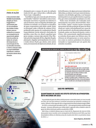 84 GE GEOGRAFIA 2018
ATMOSFERA AQUECIMENTO GLOBAL
EFEITO ESTUFA
O fenômeno permite a
existência de vida na Terra.
Veja como ele funciona
e o modo como as ações
humanas o afetam
1
2 3
4
5
O Sol emite sua energia
pelo espaço na forma de luz
visível, radiação ultravioleta
e infravermelha
Quando os raios do Sol chegam
à Terra, cerca de 30% da energia
luminosa volta para o espaço,
refletida por poeira e nuvens na
atmosfera e, ainda, por refletores
naturais na superfície, como áreas
cobertas de neve e gelo
O ar, terras e águas
absorvem cerca de 70%
da radiação solar
Aquecida, a superfície
emite calor na forma de
radiação infravermelha
Umpoucodaradiaçãotérmica
daTerravaiparaoespaço,masa
maiorparteéretidanaatmosfera,
absorvidaporvapor-d'água,
dióxidodecarbono,metanoe
outrosgasesdoefeitoestufa
6
7 A temperatura do planeta varia,
de maneira natural, por causa dos
ciclos solares e geológicos.
Mas, de acordo com o relatório
do IPCC, as atividades humanas
afetaram o ritmo normal do ciclo e
o equilíbrio natural de produção e
absorção de gases
Se o calor não fosse retido
pelo efeito estufa, o planeta
congelaria a uma temperatura
média de 18 ºC negativos
Planeta
em ebulição
Cientistas confirmam que a atividade
humana está provocando alterações
climáticas em todo o globo
S
e antes a ideia do aquecimento global era
apenas uma hipótese, hoje os cientistas
já contam com evidências mais seguras
para afirmar que a ação do homem sobre o
meio ambiente está alterando a temperatura do
planeta. O estudo mais consistente a respeito
foi divulgado em 2007 pelo Painel Intergover-
namental de Mudanças Climáticas (IPCC),
entidade que reúne 2.500 cientistas de mais de
130 países sob a chancela da Organização das
Nações Unidas (ONU). A partir desse docu-
mento, que representou um marco ambiental,
especialistas do mundo todo passaram a
culpar nosso padrão de desenvolvimento
pelo aquecimento da Terra.
Emsetembrode2013,oIPCCdivul-
gouumnovoestudonoqualaumenta
de 90% para 95% o grau de certeza
científica quanto à participação do homem na
elevaçãodatemperaturadoplaneta:“Éextrema-
menteprovávelqueainfluênciahumanasobreo
climatenhacausadomaisdametadedoaumento
observado da temperatura média da superfície
global entre 1951 e 2010”, dizem os cientistas. O
relatório da ONU aponta que entre 1880 e 2012
atemperaturamédianaTerrasubiu0,85ºC.Em
algumasregiões,queincluemoBrasil,oaumento
foi de até 2,5 graus. Além disso, o nível médio
da água dos oceanos subiu 19 centímetros e as
últimastrêsdécadasforamasmaisquentesdesde
1850. O estudo também permitiu aos cientistas
projetar as dramáticas consequências que as
próximas gerações enfrentarão, caso esse pro-
cesso não seja revertido (veja mapa na pág. 86).
O efeito estufa
Sempre ouvimos falar que o efeito estufa é o
grande vilão do aquecimento global, o que não
deixa de ser verdade. Mas uma coisa precisa
ficar clara: é graças a ele que existe vida em
nosso planeta. O efeito estufa é um fenômeno
natural que faz com que a temperatura média
do globo se conserve nos limites necessários
para a manutenção da vida, em torno de 14,5 ºC.
Ele ocorre em razão da existência de gases que
estão naturalmente na atmosfera e impedem a
VENDA PROIBIDA
 