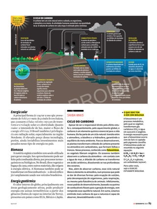 88 GE GEOGRAFIA 2018
ATMOSFERA ENERGIAS RENOVÁVEIS
Alternativas
limpas
Investimentos em fontes de energia
renováveis são essenciais para reduzir
as emissões de gases do efeito estufa
O
s cientistas do Painel Intergovernamen-
tal sobre a Mudança no Clima (IPCC)
são enfáticos em apontar o que é pre-
ciso ser feito para evitar os efeitos dramáticos
das mudanças climáticas: suspender o uso sem
restrições de combustíveis fósseis. Desde a
Revolução Industrial, há mais de 200 anos,
nossas atividades econômicas são baseadas na
queima de fontes não renováveis e altamente
poluentes como petróleo, gás e carvão. A energia
que consumimos para gerar eletricidade e aque-
cimento, para nos locomovermos em viagens de
carro, avião ou navios e para mover a atividade
manufatureira contribui com cerca de metade
das emissões dos gases de efeito estufa.
Na prática, para alterar essa matriz de
energia e reduzir a dependência econômica
de combustíveis fósseis, seria preciso ampliar
o uso de energias renováveis. Trata-se de um
procedimento que já está em andamento ao
redor do mundo, ainda que num ritmo abai-
xo do desejável. A China, o maior emissor de
gases do efeito estufa do planeta, é o país que
mais vem investindo em energia renovável há
alguns anos. Os Estados Unidos e a Europa
também avançam em projetos para baratear o
custo dessas fontes de energia. O Brasil, que é o
sétimo maior investidor em energias renováveis
 MATRIZ DE ENERGIA
Combinação das
fontes de energia
disponíveis numa
economia ou país e
dos usos de energia.
A economia moderna
consome energia em
duas principais formas:
a energia combustível,
que alimenta
principalmente
equipamentos
mecânicos, como
motores, e a energia
elétrica, que alimenta
essencialmente
equipamentos
eletrônicos.
 O QUE ISSO TEM A VER COM HISTÓRIA A Revolução
Industrial é o processo de transformação da
economia agrária, baseada no trabalho manual, em
outra, dominada pela indústria mecanizada, que se
caracteriza pelo uso de novas fontes de energia e de
máquinas, pela especialização do trabalho e pela
aplicação da ciência na indústria. Ela teve início por
volta de 1760, na Inglaterra.
Para saber mais, veja o GUIA DO ESTUDANTE HISTÓRIA.
do mundo, tem cerca de 40% de sua matriz
energética proveniente de recursos renováveis
(veja o gráfico acima) e caminha para ter 93%
de sua energia elétrica com origem em fontes
que não se esgotarão até 2050, de acordo com
um estudo da ONG Greenpeace.
Valeressaltarquealgumasdasfontesdeenergia
alternativas ainda têm um custo ambiental alto.
As usinas hidrelétricas, por exemplo, costumam
afetarabiodiversidade,comonocasodaUsinade
BeloMonte,noPará,quevemcausandopolêmica
por reduzir a vazão do Rio Xingu, o que com-
prometeria o ecossistema da região Amazônica.
Já a energia nuclear pode causar sérios danos
ambientais com o lixo radioativo. Confira alguns
exemplosdefontesdeenergiarenováveiselimpas.
Energia eólica
A energia é produzida quando a força do vento
gira as hélices das turbinas eólicas, que conver-
tem a energia mecânica em elétrica. O Brasil
tem grande potencial nessa área por possuir
condições naturais favoráveis. Os estados da
Bahia, do Ceará, do Rio Grande do Norte e do
Rio Grande do Sul respondem por 60% de toda
a energia eólica gerada no país. Só no Nordeste,
a fonte eólica atende atualmente a 30% das
necessidades energéticas da região.
Petróleo
e derivados
37,3%
Carvão
5,9%
Gás natural
13,7%
Nuclear
1,3%
Biomassa
25,1%
Hidráulica
11,3%
Outras*
5,3%
BRASIL – 2015
Fontes: Agência Internacional de Energia e Ministério de Minas e Energia
Renovável
Não renovável
Gás natural
21,2%
Nuclear
4,8%
Biomassa
10,3%
Hidráulica
2,4%
Outras*
1,4%
Petróleo
e derivados
31,3%
Carvão
28,6%**
MUNDO – 2014
OFERTA DE ENERGIA POR FONTE
*Inclui eólica e solar **Inclui xisto (folhelho)
VENDA PROIBIDA
 