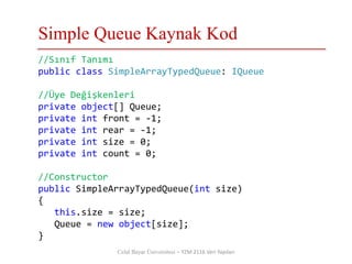 Simple Queue Kaynak Kod
Celal Bayar Üniversitesi – YZM 2116 Veri Yapıları
//Sınıf Tanımı
public class SimpleArrayTypedQueue: IQueue
//Üye Değişkenleri
private object[] Queue;
private int front = -1;
private int rear = -1;
private int size = 0;
private int count = 0;
//Constructor
public SimpleArrayTypedQueue(int size)
{
this.size = size;
Queue = new object[size];
}
 