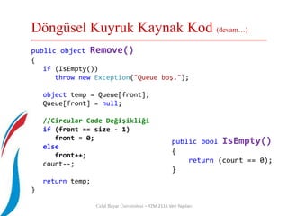 Döngüsel Kuyruk Kaynak Kod (devam…)
Celal Bayar Üniversitesi – YZM 2116 Veri Yapıları
public object Remove()
{
if (IsEmpty())
throw new Exception("Queue boş.");
object temp = Queue[front];
Queue[front] = null;
//Circular Code Değişikliği
if (front == size - 1)
front = 0;
else
front++;
count--;
return temp;
}
public bool IsEmpty()
{
return (count == 0);
}
 