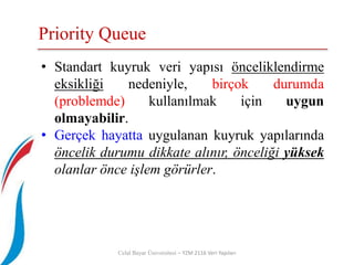 Priority Queue
Celal Bayar Üniversitesi – YZM 2116 Veri Yapıları
• Standart kuyruk veri yapısı önceliklendirme
eksikliği nedeniyle, birçok durumda
(problemde) kullanılmak için uygun
olmayabilir.
• Gerçek hayatta uygulanan kuyruk yapılarında
öncelik durumu dikkate alınır, önceliği yüksek
olanlar önce işlem görürler.
 