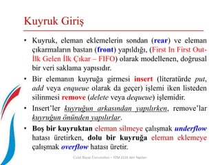Kuyruk Giriş
• Kuyruk, eleman eklemelerin sondan (rear) ve eleman
çıkarmaların bastan (front) yapıldığı, (First In First Out-
İlk Gelen İlk Çıkar – FIFO) olarak modellenen, doğrusal
bir veri saklama yapısıdır.
• Bir elemanın kuyruğa girmesi insert (literatürde put,
add veya enqueue olarak da geçer) işlemi iken listeden
silinmesi remove (delete veya dequeue) işlemidir.
• Insert’ler kuyruğun arkasından yapılırken, remove’lar
kuyruğun önünden yapılırlar.
• Boş bir kuyruktan eleman silmeye çalışmak underflow
hatası üretirken, dolu bir kuyruğa eleman eklemeye
çalışmak overflow hatası üretir.
Celal Bayar Üniversitesi – YZM 2116 Veri Yapıları
 