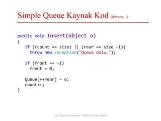 Simple Queue Kaynak Kod (devam…)
Celal Bayar Üniversitesi – YZM 2116 Veri Yapıları
public void Insert(object o)
{
if ((cou...