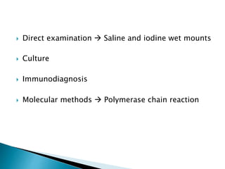  Direct examination  Saline and iodine wet mounts
 Culture
 Immunodiagnosis
 Molecular methods  Polymerase chain reaction
 