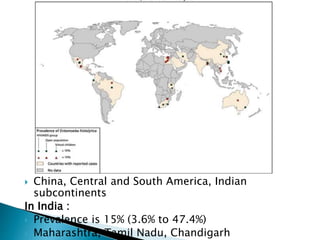  China, Central and South America, Indian
subcontinents
In India :
 Prevalence is 15% (3.6% to 47.4%)
 Maharashtra, Tamil Nadu, Chandigarh
 
