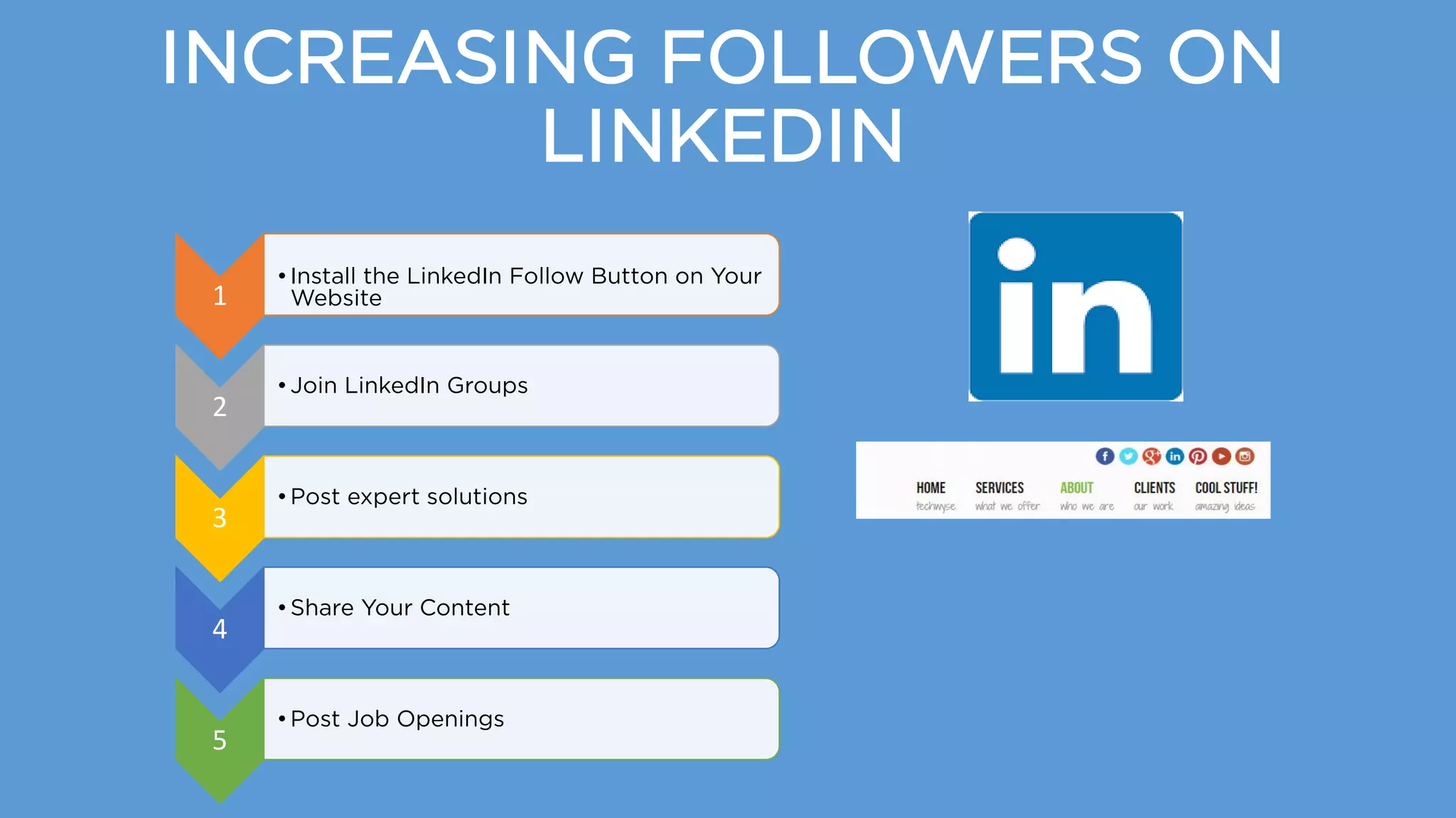 INCREASING FOLLOWERS ON
LINKEDIN
1
•Install the LinkedIn Follow Button on Your
Website
2
•Join LinkedIn Groups
3
•Post expert solutions
4
•Share Your Content
5
•Post Job Openings
 