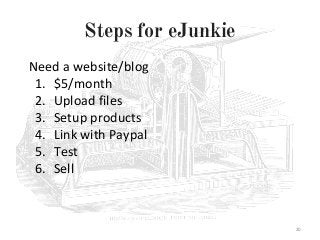 Steps for eJunkie
Need a website/blog
1. $5/month
2. Upload files
3. Setup products
4. Link with Paypal
5. Test
6. Sell
20
 