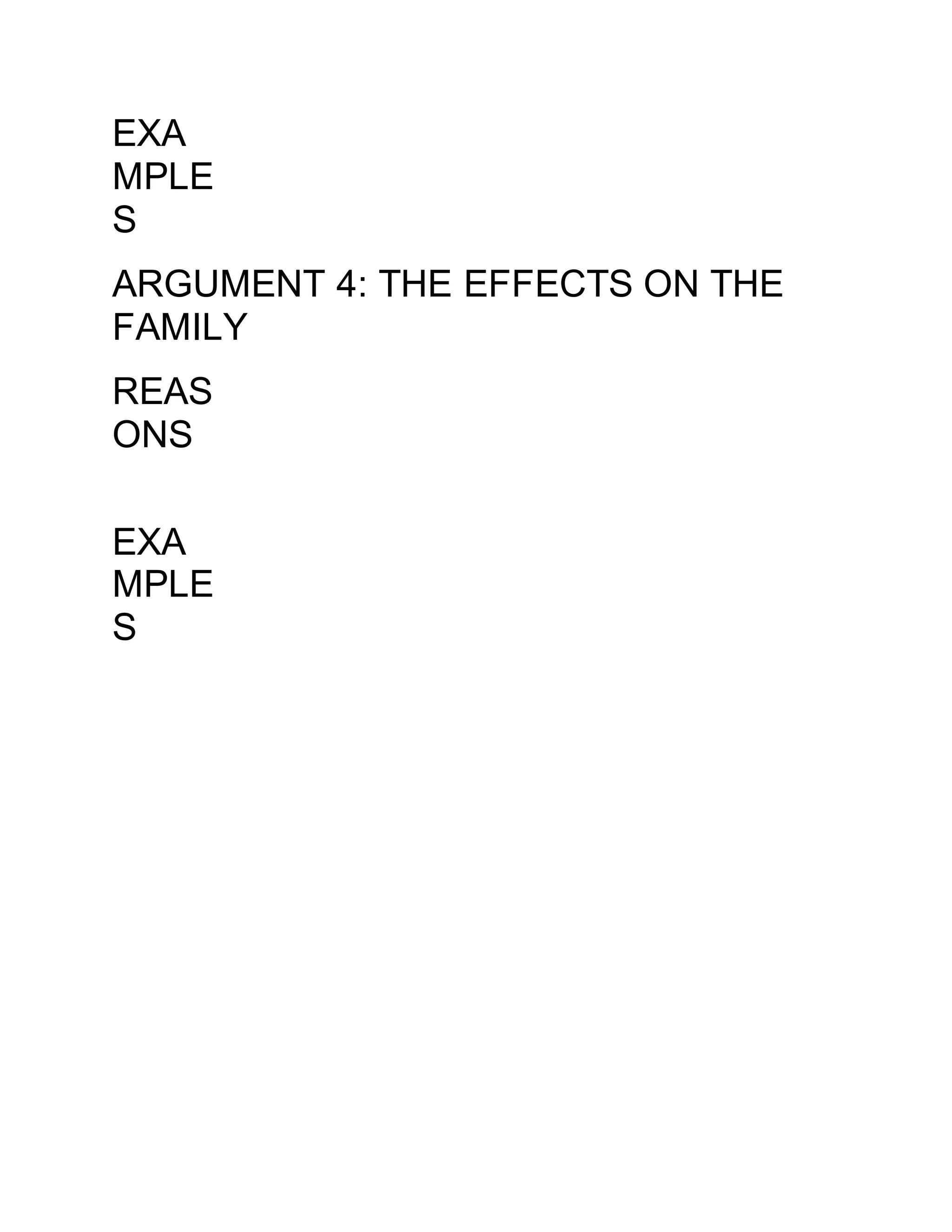EXA
MPLE
S
ARGUMENT 4: THE EFFECTS ON THE
FAMILY
REAS
ONS
EXA
MPLE
S
 