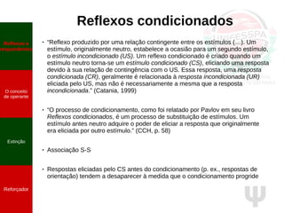 Ψ
Reflexos condicionados
● “Reflexo produzido por uma relação contingente entre os estímulos (…). Um
estímulo, originalmente neutro, estabelece a ocasião para um segundo estímulo,
o estímulo incondicionado (US). Um reflexo condicionado é criado quando um
estímulo neutro torna-se um estímulo condicionado (CS), eliciando uma resposta
devido à sua relação de contingência com o US. Essa resposta, uma resposta
condicionada (CR), geralmente é relacionada à resposta incondicionada (UR)
eliciada pelo US, mas não é necessariamente a mesma que a resposta
incondicionada.” (Catania, 1999)
● “O processo de condicionamento, como foi relatado por Pavlov em seu livro
Reflexos condicionados, é um processo de substituição de estímulos. Um
estímulo antes neutro adquire o poder de eliciar a resposta que originalmente
era eliciada por outro estímulo.” (CCH, p. 58)
● Associação S-S
● Respostas eliciadas pelo CS antes do condicionamento (p. ex., respostas de
orientação) tendem a desaparecer à medida que o condicionamento progride
Reflexos e
respondentes
O conceito
de operante
Propriedades
quantitativas
do operante
Extinção
Reforçador
Reflexos e
respondentes
O conceito
de operante
Extinção
Reforçador
 
