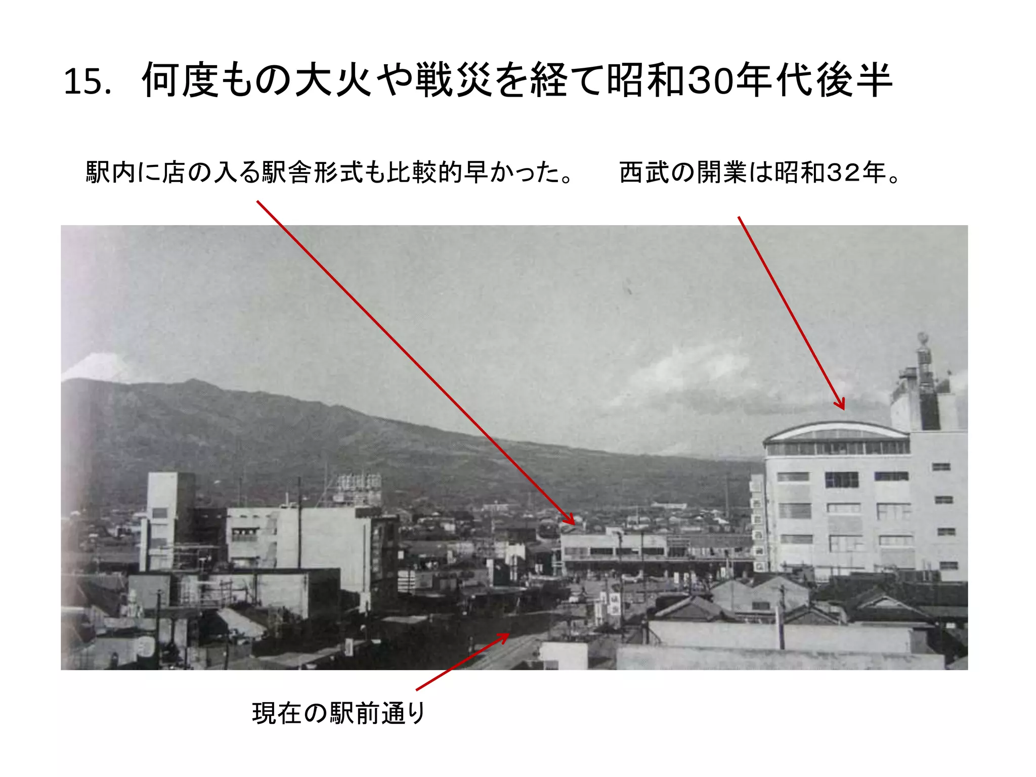15. 何度もの大火や戦災を経て昭和３0年代後半
駅内に店の入る駅舎形式も比較的早かった。 西武の開業は昭和３２年。
現在の駅前通り
 
