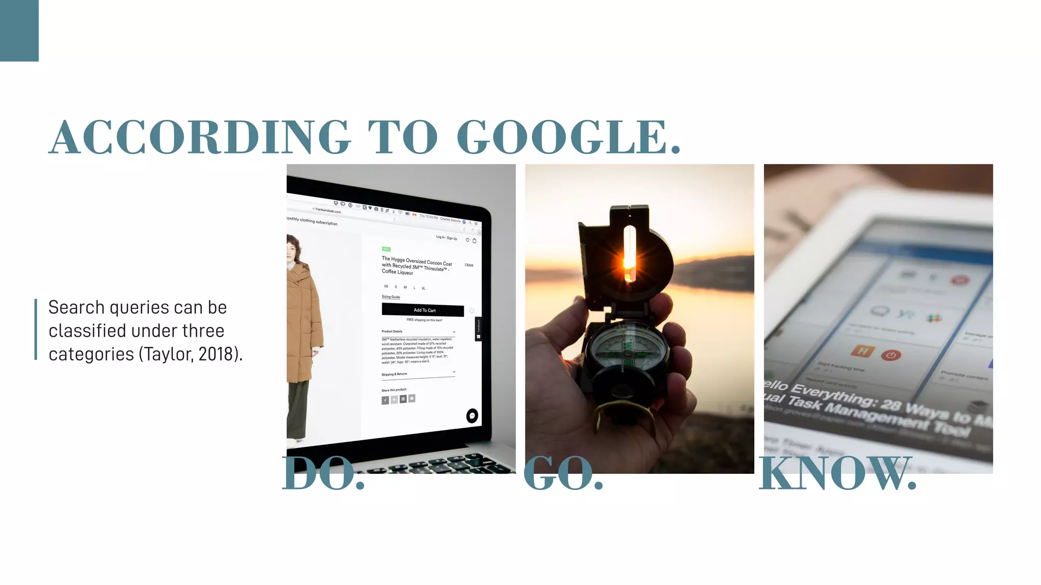 DO. GO. KNOW.
ACCORDING TO GOOGLE.
Search queries can be
classified under three
categories (Taylor, 2018).
 