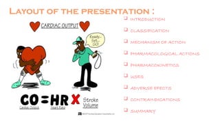  INTRODUCTION
 CLASSIFICATION
 MECHANISM OF ACTION
 PHARMACOLOGICAL ACTIONS
 PHARMACOKINETICS
 USES
 ADVERSE EFECTS
 CONTRAINDICATIONS
 SUMMARY
Layout of the presentation :
 