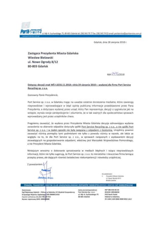 Komunikat Port Service do wiceprezydenta Gdańska