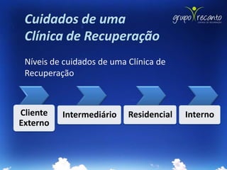 Cuidados de uma
 Clínica de Recuperação
 Níveis de cuidados de uma Clínica de
 Recuperação



Cliente   Intermediário    Residencial   Interno
Externo
 