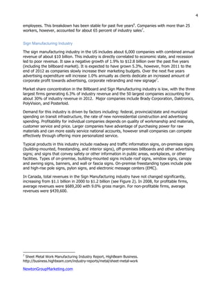 NewtonGroupMarketing.com
4
employees. This breakdown has been stable for past five years6
. Companies with more than 25
workers, however, accounted for about 65 percent of industry sales7
.
Sign Manufacturing Industry
The sign manufacturing industry in the US includes about 6,000 companies with combined annual
revenue of about $10 billion. This industry is directly correlated to economic state, and recession
led to poor revenue. It saw a negative growth of 1.9% to $12.8 billion over the past five years
(including the billboard market). It is expected to have grown 5.3%, however, from 2011 to the
end of 2012 as companies slowly increase their marketing budgets. Over the next five years
advertising expenditure will increase 1.0% annually as clients dedicate an increased amount of
corporate profit towards advertising, corporate rebranding and new signage7
.
Market share concentration in the Billboard and Sign Manufacturing industry is low, with the three
largest firms generating 6.3% of industry revenue and the 50 largest companies accounting for
about 30% of industry revenue in 2012. Major companies include Brady Corporation, Daktronics,
PolyVision, and Posterloid.
Demand for this industry is driven by factors including: federal, provincial/state and municipal
spending on transit infrastructure, the rate of new nonresidential construction and advertising
spending. Profitability for individual companies depends on quality of workmanship and materials,
customer service and price. Larger companies have advantage of purchasing power for raw
materials and can more easily service national accounts, however small companies can compete
effectively through offering more personalized service.
Typical products in this industry include roadway and traffic information signs, on-premises signs
(building-mounted, freestanding, and interior signs), off-premises billboards and other advertising
signs; and signs that convey safety or other information in public areas, workplaces, or other
facilities. Types of on-premise, building-mounted signs include roof signs, window signs, canopy
and awning signs, banners, and wall or fascia signs. On-premise freestanding types include pole
and high-rise pole signs, pylon signs, and electronic message centers (EMC).
In Canada, total revenues in the Sign Manufacturing industry have not changed significantly,
increasing from $1.1 billion in 2000 to $1.2 billion (see Figure 2). In 2008, for profitable firms,
average revenues were $689,200 with 9.0% gross margin. For non-profitable firms, average
revenues were $439,600.
7
Sheet Metal Work Manufacturing Industry Report, HighBeam Business.
http://business.highbeam.com/industry-reports/metal/sheet-metal-work
 