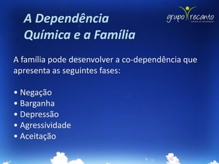 A Dependência
  Química e a Família
A família pode desenvolver a co-dependência que
apresenta as seguintes fases:

• Negação
• Barganha
• Depressão
• Agressividade
• Aceitação
 