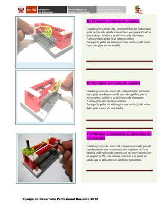 Equipo de Desarrollo Profesional Docente 2012
III Principio: reduciendo rapidez
Cuando gira la manivela, la transmisión de fuerza hace
girar la polea de salida lentamente a comparación de la
polea motor, debido a su diferencia de diámetros.
Ambas poleas giran en el mismo sentido.
Para que la polea de salida gire una vuelta, la de motor
tiene que girar varias vueltas.
IV Principio: aumento de rapidez
Cuando giramos la manivela, la transmisión de fuerza,
hace girar la polea de salida con más rapidez que la
polea motor, debido a su diferencia de diámetros.
Ambas giran en el mismo sentido.
Para que la polea de salida gire una vuelta, la de motor
debe girar menos de una vuelta.
V Principio: Cambiando de dirección del
movimiento
Cuando giramos la manivela, el movimiento de giro de
la polea motor que se encuentra en un plano vertical,
cambia la dirección de transmisión del movimiento con
un ángulo de 90°, en sentido contrario a la polea de
salida que se encuentra en un plano horizontal.
II Principio
 