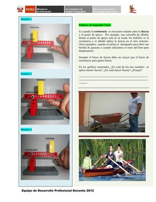 Equipo de Desarrollo Profesional Docente 2012
Palanca de Segunda Clase:
Es cuando la resistencia se encuentra situado entre la fuerza
y el punto de apoyo. Por ejemplo, una carretilla de albañil,
donde el punto de apoyo está en la rueda, los ladrillos es la
resistencia y el albañil aplica la fuerza en el otro extremo.
Otros ejemplos: cuando se utiliza el destapador para abrir una
botella de gaseosa o cuando utilizamos el remo del bote para
desplazarnos.
Siempre el brazo de fuerza debe ser mayor que el brazo de
resistencia, para ganar fuerza.
En los gráficos mostrados, ¿En cuál de los tres modelos se
aplica menor fuerza?, ¿En cuál mayor fuerza?, ¿Porqué?
--------------------------------------------------------------------------
--------------------------------------------------------------------------
---------
Modelo 1
Modelo 2
Modelo 3
 