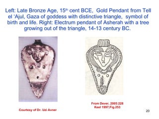 Left: Late Bronze Age, 15 th  cent BCE,  Gold Pendant   from Tell el ‘Ajul, Gaza of goddess with distinctive triangle,  symbol of birth and life. Right: Electrum pendant of Asherah with a tree growing out of the triangle, 14-13 century BC.  Courtesy of Dr. Uzi Avner From Dever, 2005:228 Keel 1997;Fig.253 