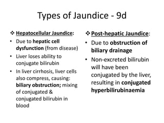 Types of Jaundice - 9d
 Hepatocellular Jaundice:
• Due to hepatic cell
dysfunction (from disease)
• Liver loses ability to
conjugate bilirubin
• In liver cirrhosis, liver cells
also compress, causing:
biliary obstruction; mixing
of conjugated &
conjugated bilirubin in
blood
Post-hepatic Jaundice:
• Due to obstruction of
biliary drainage
• Non-excreted bilirubin
will have been
conjugated by the liver,
resulting in conjugated
hyperbilirubinaemia
 