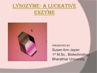 LYSOZYMe- a lucrative
      enzyme




             PRESENTED BY:

             Susan Ann Jayan
             1st M.Sc., Biotechnology
             Bharathiar University


                                        1
 