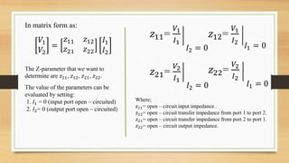 In matrix form as:
𝑉1
𝑉2
=
𝑧11 𝑧12
𝑧21 𝑧22
𝐼1
𝐼2
The Z-parameter that we want to
determine are 𝑧11, 𝑧12, 𝑧21, 𝑧22.
The value of the parameters can be
evaluated by setting:
1. 𝐼1 = 0 (input port open – circuited)
2. 𝐼2= 0 (output port open – circuited)
𝑧11=
𝑉1
𝐼1
𝑧12=
𝑉1
𝐼2
𝑧21=
𝑉2
𝐼1
𝑧22=
𝑉2
𝐼2
𝐼1 = 0
𝐼1 = 0𝐼2 = 0
𝐼2 = 0
Where;
𝑧11= open – circuit input impedance .
𝑧12= open – circuit transfer impedance from port 1 to port 2.
𝑧21= open – circuit transfer impedance from port 2 to port 1.
𝑧22= open – circuit output impedance.
 