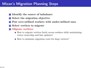 Mizan’s Migration Planning Steps

        1   Identify the source of imbalance
        2   Select the migration objective
        3   Pair over-utilized workers with under-utilized ones
        4   Select vertices to migrate
        5   Migrate vertices:
                How to migrate vertices freely across workers while maintaining
                vertex ownership and fast updates?
                How to minimize migration costs for large vertices?




20/34
 