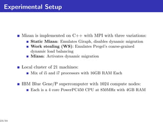 Experimental Setup



        Mizan is implemented on C++ with MPI with three variations:
            Static Mizan: Emulates Giraph, disables dynamic migration
            Work stealing (WS): Emulates Pregel’s coarse-grained
            dynamic load balancing
            Mizan: Activates dynamic migration

        Local cluster of 21 machines:
            Mix of i5 and i7 processors with 16GB RAM Each

        IBM Blue Gene/P supercomputer with 1024 compute nodes:
            Each is a 4 core PowerPC450 CPU at 850MHz with 4GB RAM




23/34
 