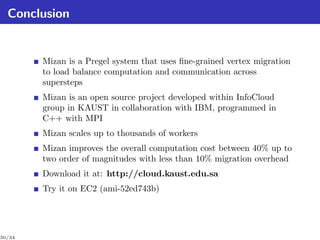 Conclusion


        Mizan is a Pregel system that uses ﬁne-grained vertex migration
        to load balance computation and communication across
        supersteps
        Mizan is an open source project developed within InfoCloud
        group in KAUST in collaboration with IBM, programmed in
        C++ with MPI
        Mizan scales up to thousands of workers
        Mizan improves the overall computation cost between 40% up to
        two order of magnitudes with less than 10% migration overhead
        Download it at: http://cloud.kaust.edu.sa
        Try it on EC2 (ami-52ed743b)




30/34
 