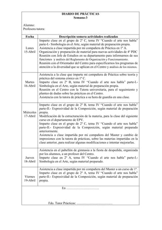 DIARIO DE PRÁCTICAS
Semana-3
Alumno:
Profesora tutora:
Fecha Descripción somera actividades realizadas
Lunes
15-Abril
Imparto clase en el grupo de 2º C, tema IV “Cuando el arte nos habla”
parte-I.- Simbología en el Arte, según material de preparación propia.
Asistencia a clase impartida por mi compañera de Práctica en 1º A.
Organización y preparación de material para nuevas actividades de 4º PDC
Reunión con Jefe de Estudios en su departamento para informarnos de sus
funciones y análisis del Reglamento de Organización y Funcionamiento.
Reunión con el Orientador del Centro para especificarnos los programas de
atención a la diversidad que se aplican en el Centro y análisis de los mismos.
Martes
16-Abril
Asistencia a la clase que imparte mi compañera de Práctica sobre teoría y
práctica del sistema cónico en 1º C.
Imparto clase en 2º B, tema IV “Cuando el arte nos habla” parte-I.-
Simbología en el Arte, según material de preparación propia.
Reunión en el Centro con la Tutora universitaria, para el seguimiento y
planteo de dudas sobre las prácticas en el Centro.
Asistencia con la tutora de práctica a su hora de guardia en una clase.
Miércoles
17-Abril
Imparto clase en el grupo de 2º B, tema IV “Cuando el arte nos habla”
parte-II.- Expresividad de la Composición, según material de preparación
propia.
Modificación de la estructuración de la materia, para la clase del siguiente
curso en el departamento de EPV.
Imparto clase en el grupo de 2º C, tema IV “Cuando el arte nos habla”
parte-II.- Expresividad de la Composición, según material preparado
anteriormente.
Asistencia a clase impartida por mi compañera del Master y cambio de
impresiones con la tutora de prácticas, sobre las materias impartidas en la
clase anterior, para realizar algunas modificaciones e intentar mejorarlas.
Jueves
18-Abril
Asistencia en el pabellón de gimnasia a la fiesta de despedida, organizada
por los alumnos, a un profesor del Centro.
Imparto clase en 2º A, tema IV “Cuando el arte nos habla” parte-I.-
Simbología en el Arte, según material preparado.
Viernes
19-Abril
Asistencia a clase impartida por mi compañera del Master a un curso de 1º.
Imparto clase en el grupo de 2º A, tema IV “Cuando el arte nos habla”
parte-II.- Expresividad de la Composición, según material de preparación
propia.
En …………………………
Fdo. Tutor Prácticas: ……………………………
 