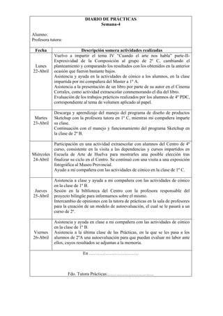 DIARIO DE PRÁCTICAS
Semana-4
Alumno:
Profesora tutora:
Fecha Descripción somera actividades realizadas
Lunes
22-Abril
Vuelvo a impartir el tema IV “Cuando el arte nos habla” parte-II-
Expresividad de la Composición al grupo de 2º C, cambiando el
planteamiento y comparando los resultados con los obtenidos en la anterior
ocasión que fueron bastante bajos.
Asistencia y ayuda en la actividades de cónico a los alumnos, en la clase
impartida por mi compañera del Master a 1º A.
Asistencia a la presentación de un libro por parte de su autor en el Cinema
Corrales, como actividad extraescolar conmemorando el día del libro.
Evaluación de los trabajos prácticos realizados por los alumnos de 4º PDC,
correspondiente al tema de volumen aplicado al papel.
Martes
23-Abril
Descarga y aprendizaje del manejo del programa de diseño de productos
Sketchup con la profesora tutora en 1º C, mientras mi compañera imparte
su clase.
Continuación con el manejo y funcionamiento del programa Sketchup en
la clase de 2º B.
Miércoles
24-Abril
Participación en una actividad extraescolar con alumnos del Centro de 4º
curso, consistente en la visita a las dependencias y cursos impartidos en
Escuela de Arte de Huelva para mostrarles una posible elección tras
finalizar su ciclo en el Centro. Se continuó con una visita a una exposición
fotográfica al Museo Provincial.
Ayudo a mi compañera con las actividades de cónico en la clase de 1º C.
Jueves
25-Abril
Asistencia a clase y ayuda a mi compañera con las actividades de cónico
en la clase de 1º B.
Sesión en la biblioteca del Centro con la profesora responsable del
proyecto bilingüe para informarnos sobre el mismo.
Intercambio de opiniones con la tutora de prácticas en la sala de profesores
para la creación de un modelo de autoevaluación, el cual se le pasará a un
curso de 2º.
Viernes
26-Abril
Asistencia y ayuda en clase a mi compañera con las actividades de cónico
en la clase de 1º B.
Asistencia a la última clase de las Prácticas, en la que se les pasa a los
alumnos de 2ºA una autoevaluación para que puedan evaluar mi labor ante
ellos, cuyos resultados se adjuntan a la memoria.
En ……………………………
Fdo. Tutora Prácticas:………………………….
 