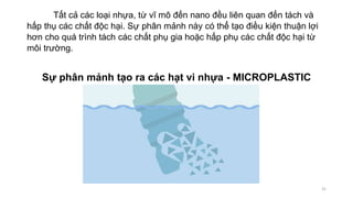 Tất cả các loại nhựa, từ vĩ mô đến nano đều liên quan đến tách và
hấp thụ các chất độc hại. Sự phân mảnh này có thể tạo điều kiện thuận lợi
hơn cho quá trình tách các chất phụ gia hoặc hấp phụ các chất độc hại từ
môi trường.
Sự phân mảnh tạo ra các hạt vi nhựa - MICROPLASTIC
31
 