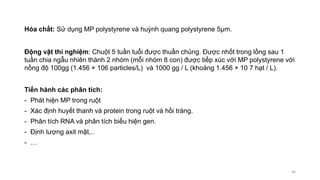 Hóa chất: Sử dụng MP polystyrene và huỳnh quang polystyrene 5µm.
Động vật thí nghiệm: Chuột 5 tuần tuổi được thuần chủng. Được nhốt trong lồng sau 1
tuần chia ngẫu nhiên thành 2 nhóm (mỗi nhóm 8 con) được tiếp xúc với MP polystyrene với
nồng độ 100gg (1.456 × 106 particles/L) và 1000 gg / L (khoảng 1.456 × 10 7 hạt / L).
Tiến hành các phân tích:
- Phát hiện MP trong ruột
- Xác định huyết thanh và protein trong ruột và hồi tràng.
- Phân tích RNA và phân tích biểu hiện gen.
- Định lượng axit mật,..
- …
46
 