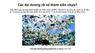 Các đại dương rồi sẽ thành biển nhựa?
Theo đánh giá của Quỹ Quốc tế Bảo vệ Thiên nhiên (WWF), năm 2014, tỷ trọng rác nhựa và cá biển
là 1:5 nhưng dự báo đến năm 2050, tỷ lệ này sẽ là 1:1 tức là khối lượng nhựa và cá bằng nhau.
Các đại dương đang nghẹt thở vì nhựa. Ảnh: VGP
9
 