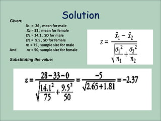 SolutionGiven:
X1 = 26 , mean for male
X2 = 33 , mean for female
Ợ1 = 14.1 , SD for male
Ợ2 = 9.5 , SD for female
n1 = 75 , sample size for male
And n2 = 50, sample size for female
Substituting the value:
 