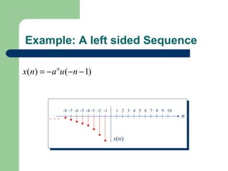 Example: A left sided Sequence

x(n) = −a nu (−n − 1)



              -8 -7 -6 -5 -4 -3 -2 -1    1 2 3 4 5 6 7 8 9 10
        ...                                                     n


                                        x(n)
 