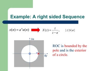 Example: A right sided Sequence

                                         z
x ( n) = a n u ( n)            X ( z) =     ,   | z |>| a |
                                        z−a

                      Im

                                       ROC is bounded by the
                                       pole and is the exterior
                           a
                                Re     of a circle.
 