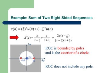 Example: Sum of Two Right Sided Sequences

x ( n) = ( 1 ) n u ( n) + ( − 1 ) n u ( n)
           2                  3

                       z     z        2 z ( z − 12 )
                                                 1
             X ( z) =      +     =
                      z−2 z+3
                         1     1
                                   ( z − 1 )( z + 1 )
                                          2         3
                Im
                                   ROC is bounded by poles
                                   and is the exterior of a circle.
                 1/12
          −1/3          1/2   Re
                                   ROC does not include any pole.
 