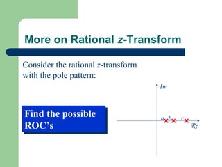 More on Rational z-Transform

Consider the rational z-transform
with the pole pattern:
                                    Im


Find the possible
Find the possible                   a b   c
ROC’s
ROC’s                                         Re
 