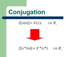 Conjugation
  Z [ x(n)] = X ( z ),       z ∈ Rx




  Z [ x * (n)] = X * ( z*)      z ∈ Rx
 