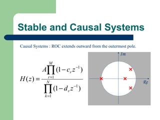 Stable and Causal Systems
Causal Systems : ROC extends outward from the outermost pole.
                                                    Im
               M
           A∏ (1 − cr z −1 )
H ( z) =     N
              r =1
                                                                Re
            ∏ (1 − d r z −1 )
             k =1
 
